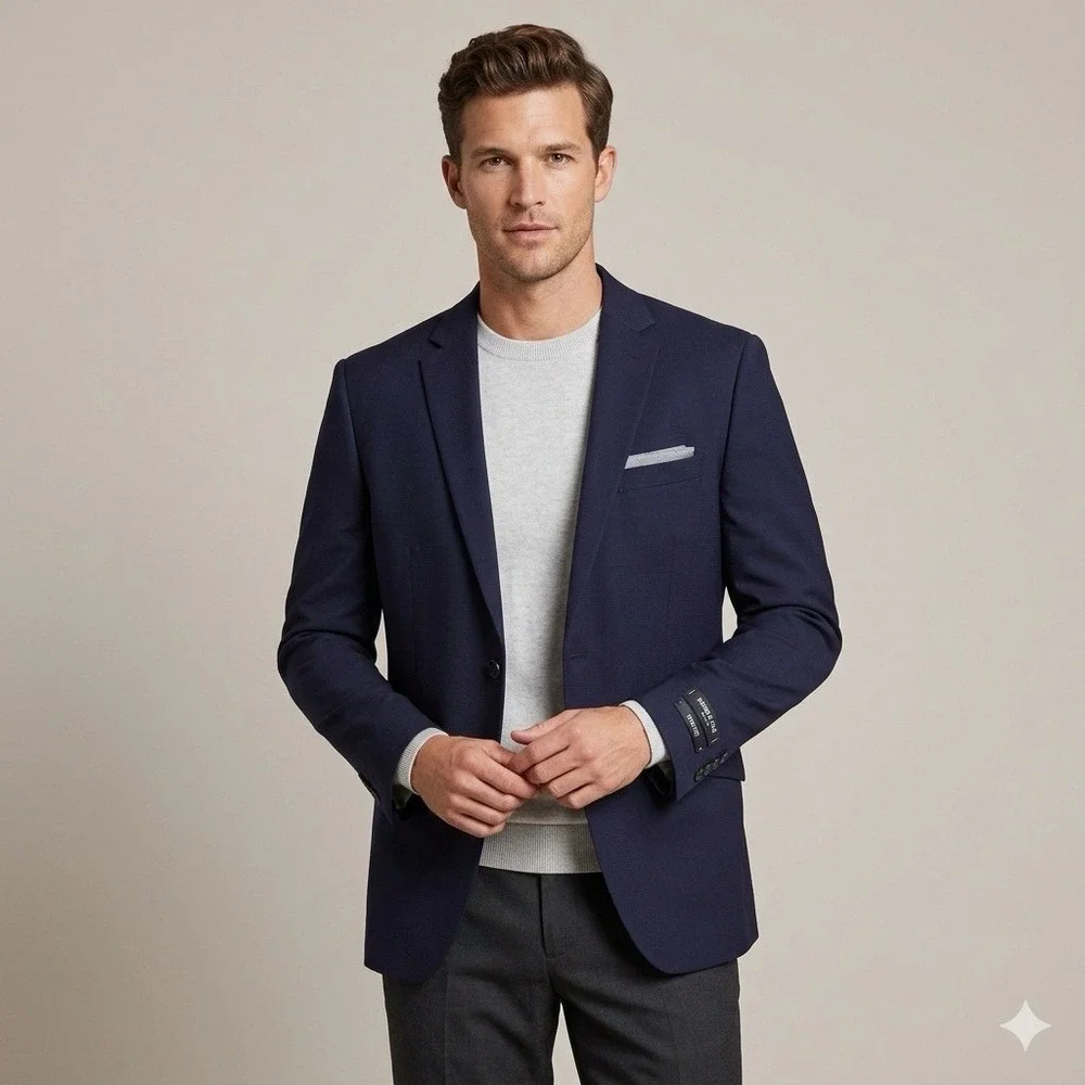 Kenneth Cole Stretch Sport Coat 42R‎ Navy Solid Angled Pockets Blazer 11-300541